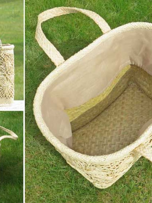The basket-bag on the photo has outside of nicely patterned braided raffia palm leaves, inside of plaited sedges. The plaited sedges gives shape and carrying strength as well as flexibility that makes the basket bag comfortable to use. Click below for more information about the basket-bag.